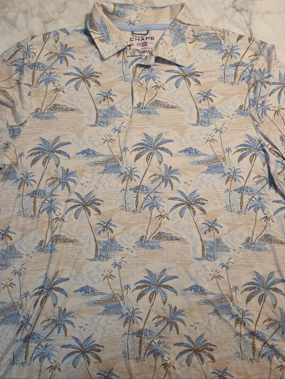 Chaps Tropical Palm Print Button-Up Shirt in Beige & Blue
